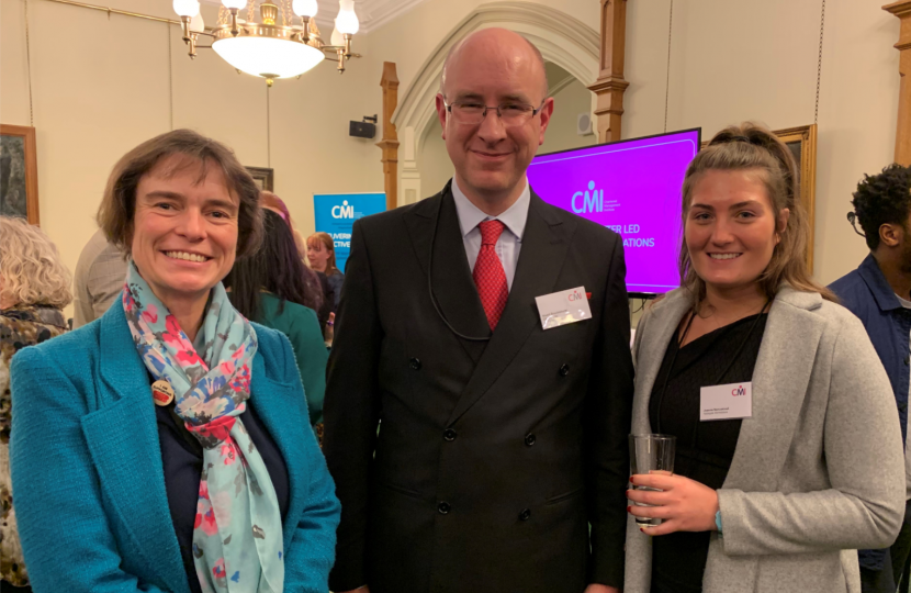 Selaine Saxby MP with Stuart Brocklehurst, CEO of Applegate and Applegate degree apprentice, Joanna Nancekivell (right), taken at an event in Westminster on 5th February